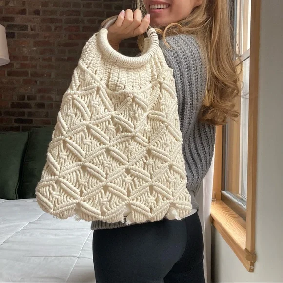 Handmade Vintage Bohemian Wooden Handle Crochet and Canvas Handbag - Picture 2 of 5